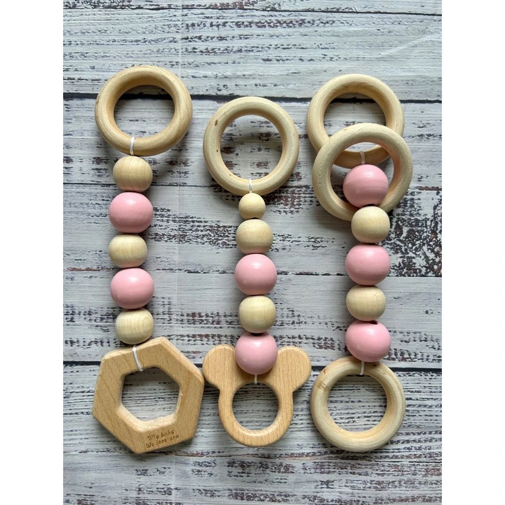 Wooden Teether Set Kids Pink Natural Wood 3 Piece Set Mickey Ears